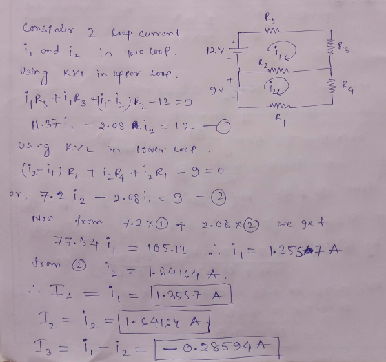 12 Y tum. R2 mm using ww Ru gv R Rs Consider 2 loop current W i, and i, in R3 two coop. ic KXL in upper loop. i, Rsti, R₂ +-)
