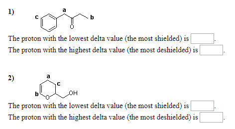 The proton with the lowest delta value the most shielded) is The proton with the highest delta value (the most deshielded) is