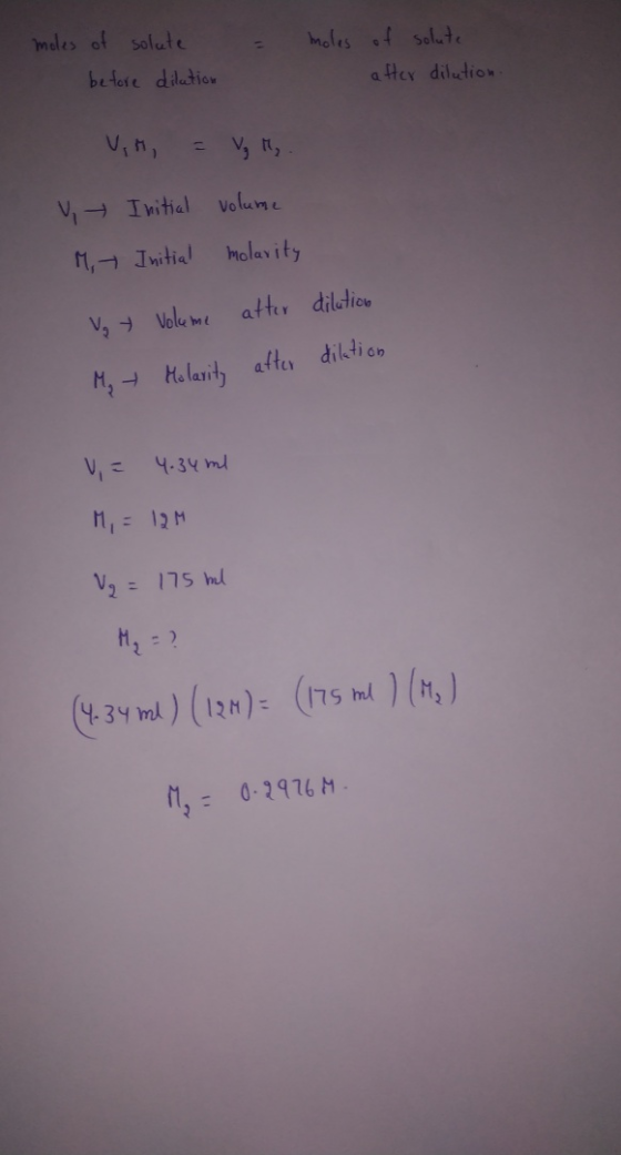 moles moles of solate before dikation of solute after dilution. VM = V M, . V Initial volume M7 Initial molarity Va t Volume