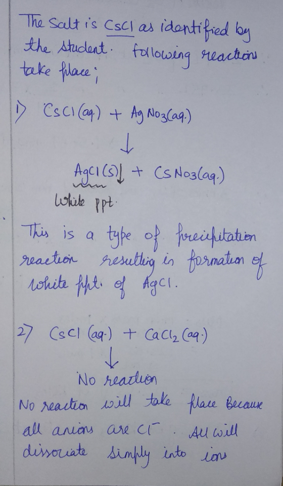 The salt is cscl as identified by the student following reactions take place; D CSCI (aq.) + Ag Noz (aq.) AgCl (s) + CS No3la