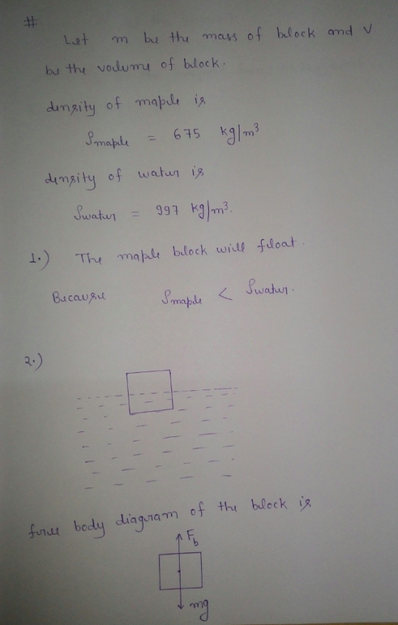 Let m bu the mass of block amd v bu the vodumu of block ot map maple635 kgm 991 1. The mapile block wiill float ccLugul watu body dia?am of tha block
