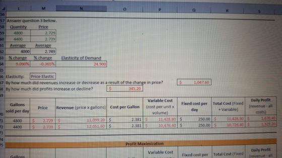 56 $7 Answer question 3 below. $8 Quantity Price 59 4800 2.729 50 4400 2.739 Average Average 4000 2.749 % change % change 9 .