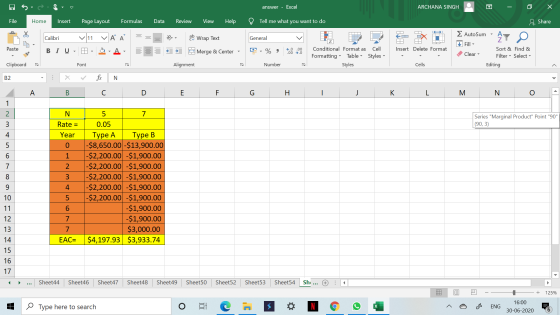 answer - Excel ARCHANA SINGH Х File Home Insert Page Layout Formulas Data Review View Help Tell me what you want to do 4 Shar