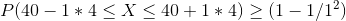 P(40 – 1* 4 < X < 40+1 * 4) > (1–1/12)