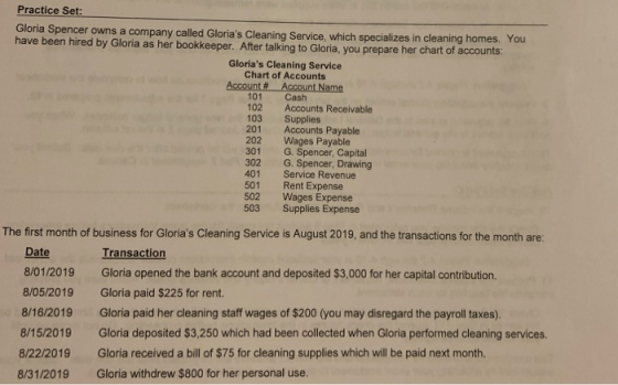 Practice Set: Gloria Spencer owns a company called Glorias Cleaning Service, which specializes in cleaning homes. You have b