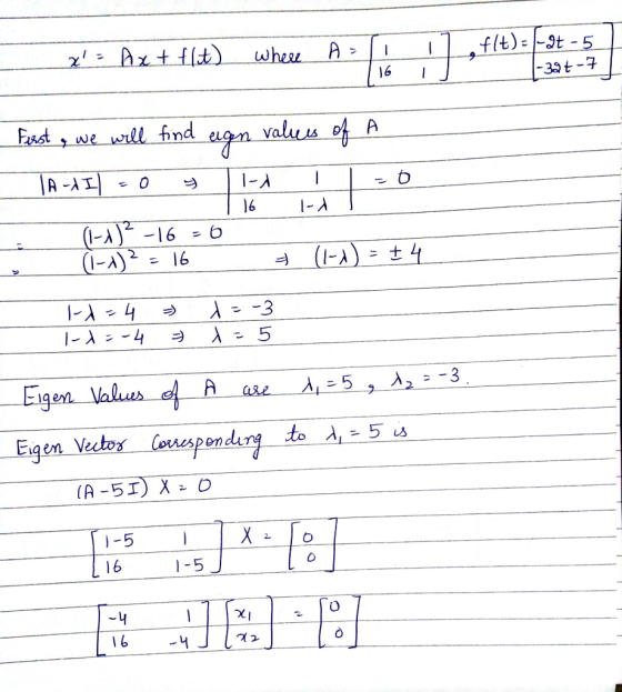 flt)=9t-5 where 16 -39t-7 Valuus A Fast we will fnd JA-AI -A -16 i-A) (-A) 16 |-A4 -5, A2-3 Eigen Values f A are Vectos osesp
