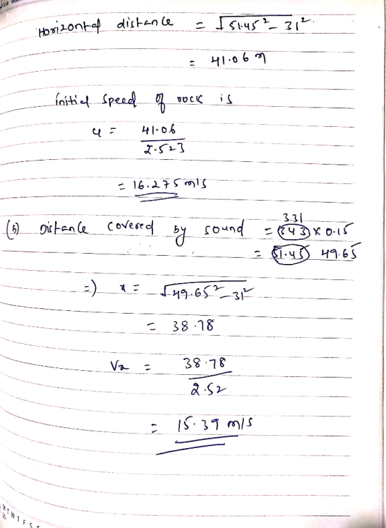 Horizont of distance = 151.45²_312. le goilte : initial is speed of rock u = 41.06 2.523 = 16. 275mts ---331 (1) Distance cov