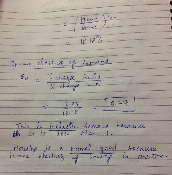 (12000 100 16ooo 18.18% me Income elastriety of demand EN % change in od to change in N 0.77 18.18 This is inelastic demand b