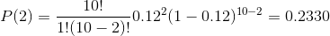 P(2) =\frac{ 10 !}{1! (10-2)!} 0.12 ^{2} (1-0.12)^{10-2} = 0.2330