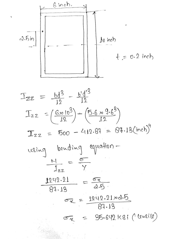 6inch, 2.5in to inch t = 0.2 inch 12 Izz = bd3 - Isz (9) - 6,90 27.18 (inchis using bonding equation- 부 Izz hoo 412.87 a 1,2