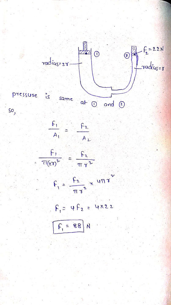 40 {=221 2 radius ar radius=8 pressure is same at ① and So, fi F2 AL A fi fi (287² 2 TY fa ي) UTY X 2 TY f = 462 = 4822 F, =
