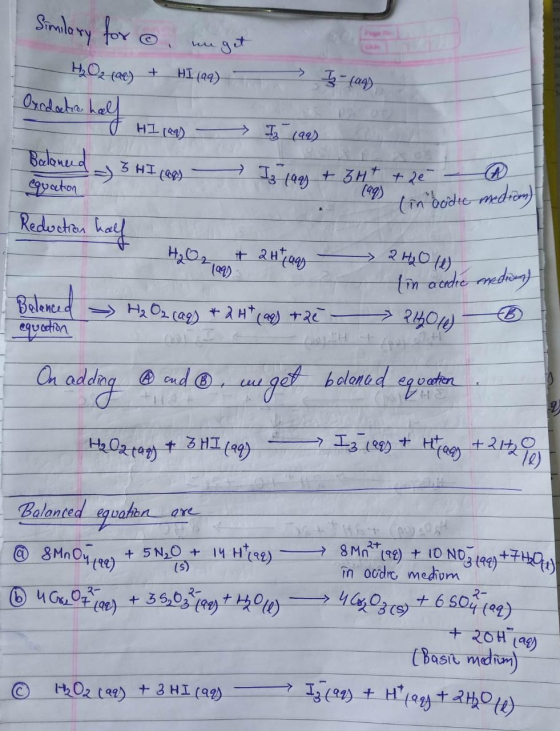 Dol Similary for unget e H2O₂ (ac) + HI (99) 3 (ag) Oxidactia hall - O HI (aa) - I 1995 id 3 H I can I lag + 3H+ + 2e - equat