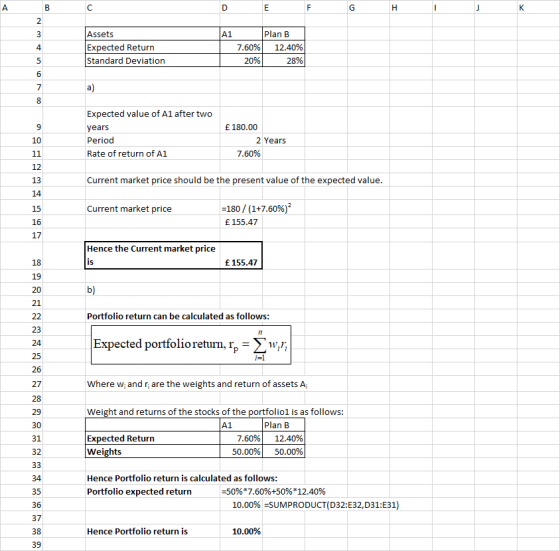 A1 Plan B Assets Expected Return Standard Deviation 7.60%) 12.40% 28% Expected value of A1 after two £ 180.00 ears Period Rate of return of A1 10 2 Years 7.60% 12 13 14 15 16 17 Current market price should be the present value of the expected value 180 / (1+7.6096)2 155.47 Current market price Hence the Current market price IS £155.47 19 Portfolio return can be calculated as follows: 23 Expected portfolioreturn, r. -w,r; 2б 27 Where w and r are the weights and return of assets A 29 Weight and returns of the stocks of the portfolio1 is as follows: A1 Plan B 31 Expected Return Weights 7.60%) 50.00%) 12.40% 50.00% 32 Hence Portfolio return is calculated as follows: Portfolio expected return 50%*7.60%+50% * 12.40% 35 36 37 38 39 10.00%-SUMPRODUCT(D32:E32,D31:E31) Hence Portfolio return is 10.00%