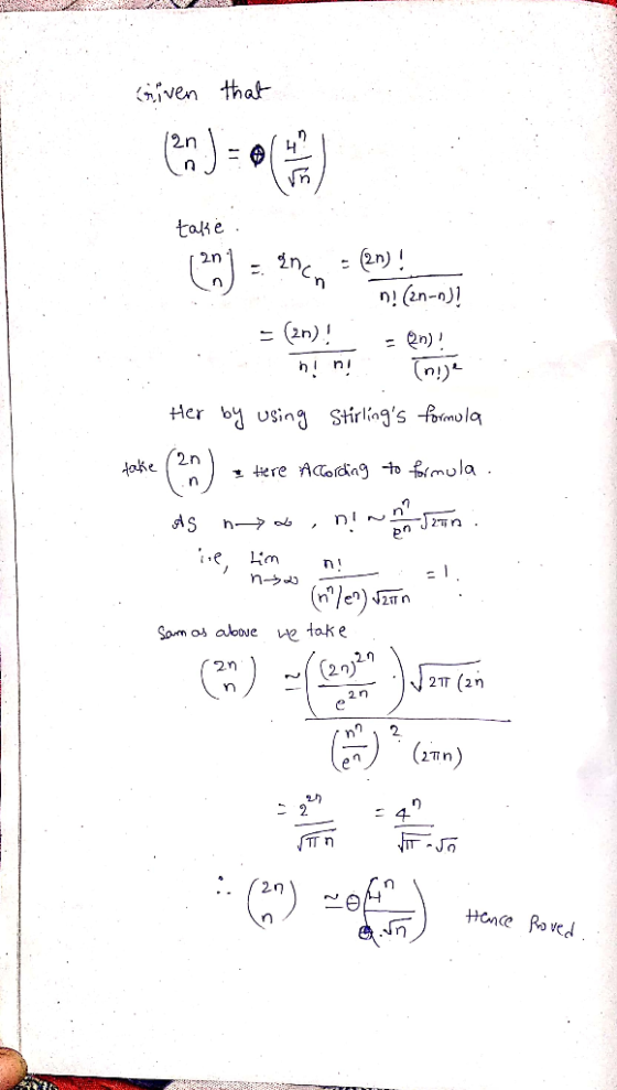 Gven that 2n talke 2n)! inc 2n (2n) n) hn Her by using Stirlgs fnlo ake2n Here Aodag to fmula . n -J2n AS h pn n (wle) 21Tn