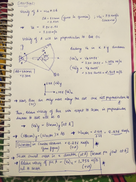 SOLUTION A Verwcity of Work of OA = 420 mm (given in question) ; Wor= 7.9 radfs (clockwise = 0,42m 7.96 0.42 - 3.318 ms veloi