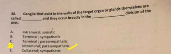 d oanelia that exist in the walls of the target organ or glands themselves are called division of the ANS.and they occur broa