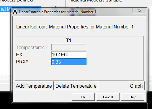 rial M Linear Isotropic Properties for Material Number 1 X Linear Isotropic Material Properties for Material Number 1 T1 Temp
