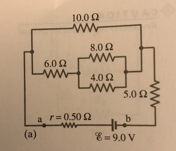 10.0 Ω - 8.0 Ω 6.0 Ω 4.0 Ω LW 5.0 Ω a r=0.50 Ω - L (a) & = 9.0V
