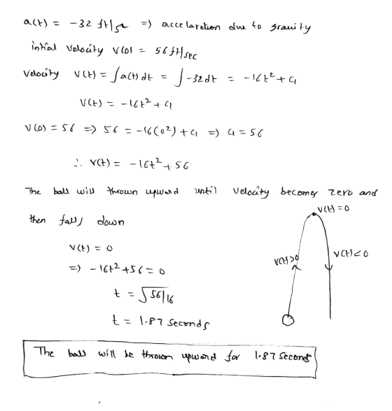 act) = -32 fils = accelaration due to srauity intal Velocity V101 = 5654 sec Velocity VIH) = facts at = |-3207 = -164+G VCP)