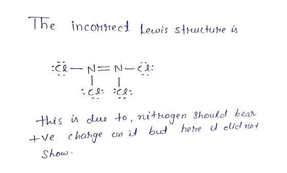 The incorrect lewis structure is če-NEN-Cl Felice this is due to, nitrogen should bear tve charge on it but here it edid not