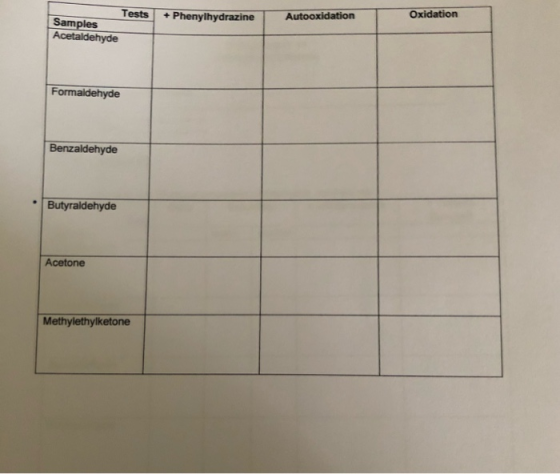 + Phenylhydrazine Autooxidation Oxidation Tests Samples Acetaldehyde Formaldehyde Benzaldehyde Butyraldehyde Acetone Methylet