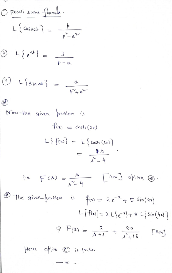 pa² O Recall some formule - L{ costat? = har L{e} = ③ [{sinat? = a I Now the given problem is fox) = cosh (2x) L{ fox} = { co