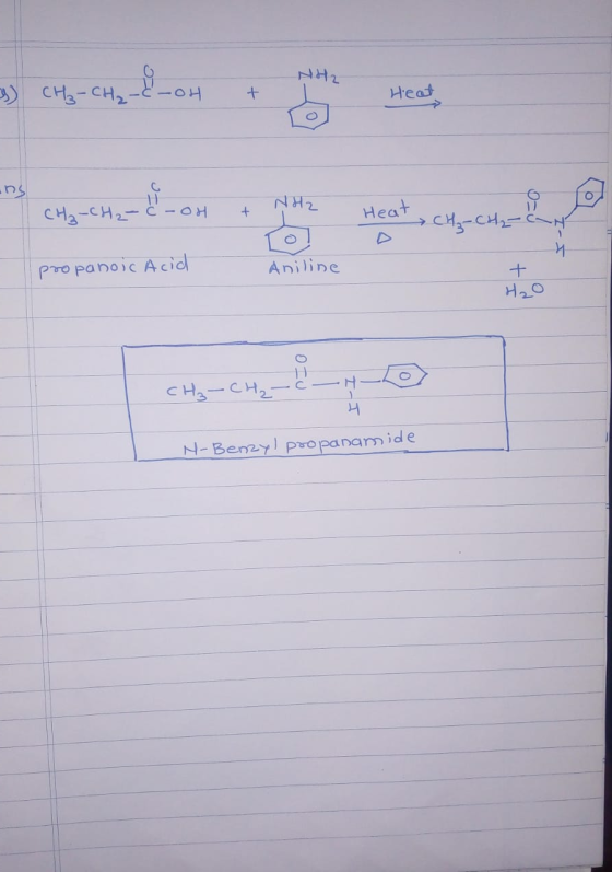 Ho Heat - Ha - c-oh + NH2 Heat. HC-H pro pano Aniline + . CH₃-CH₂ I. N-Benzyl propanamide