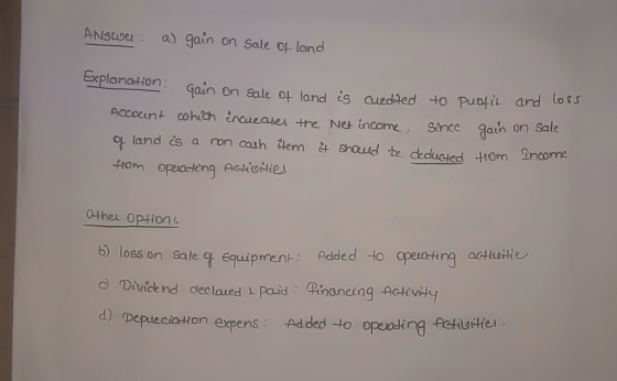 ANSwei : a) gain on sale Of land Explanation: Gain on sale ot land is cuedted to Puofik and lo1s Jain on sale q land ès a ron