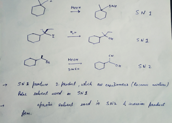 Meon ome SN SN1 Ме он Bz SN2 Tмко + are enantiomers (Racemic mixture) SN 1 produce a product, which Polar solvent used in SNI