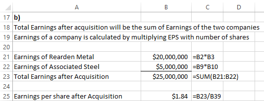 17 b) 18 Total Earnings after acquisition will be the sum of Earnings of the two companies 19 Earnings of a company is calcul