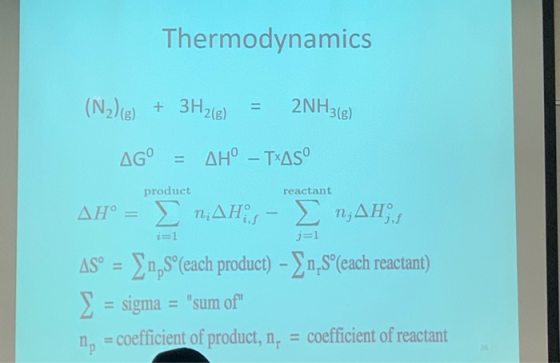 Thermodynamics (N2)(8) + 3H2(g) + 2NH3(e) AG° = AH° – TXAS° product reactant 13 AH° = n;AH;s - In;AH; AS° = { n.5°(each produ
