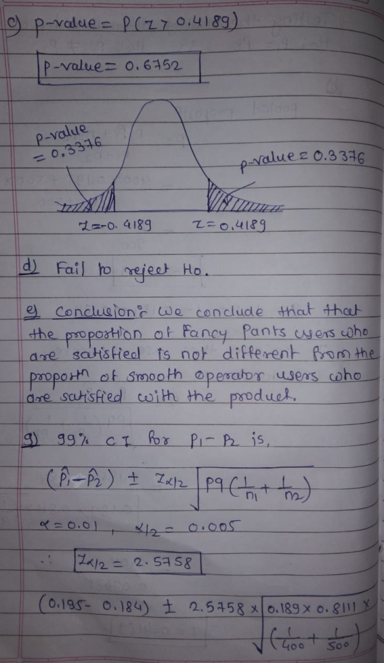 9 p-value = P(Z > 0.4189) IP-value= 0.6752 P-value -0.3376 pralue 2 0.3376 11 22-0. 4189 2=0,4189 d) fail to reject Ho. g Con