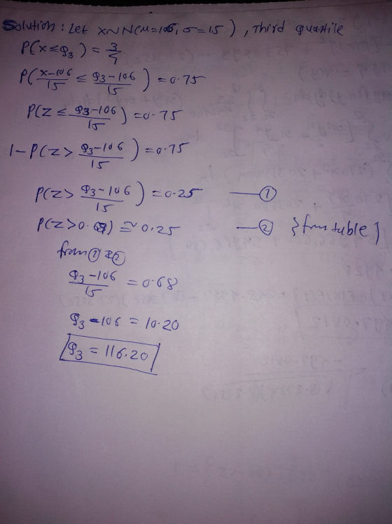 Solution: Let INNEM=105,0=15), third quartile - P(x=83) = 3 PCOS < 83-106) 50.75 - P(Z = 93-106) 50-75 -P(z> 83_106)=0-75 prz