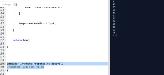 95 75 64 main.cpp 123 124 125 し26 127 67 57 76 68 86 63 16 temp->nextNodePtr last; = 128 129 130 131 132 33 134 135 36 137 38