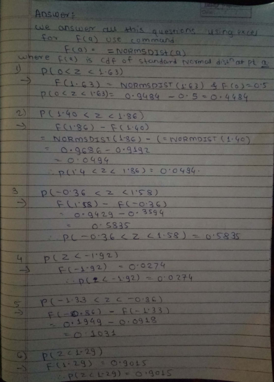 questions Answers answer all this. using excel for F(a) use command Fra) = = NORMS DISCO) where fras is cdf of standard Norma