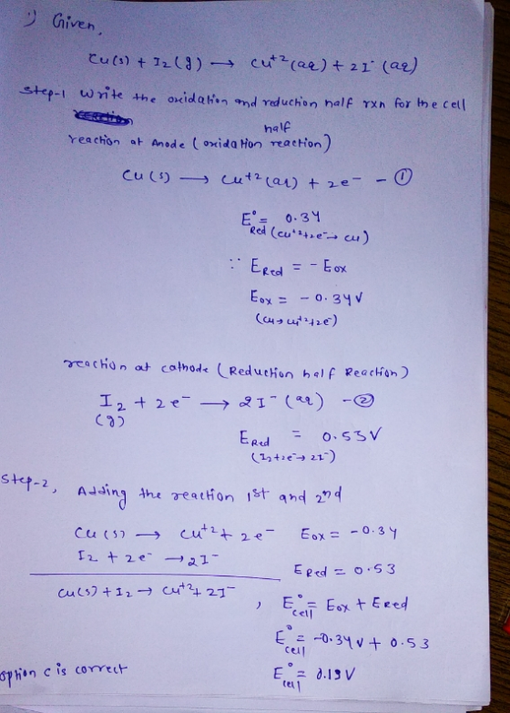 . Given, Cu(s) + I2 (9) cut2 (aa) +2 I (aq) step-1 write the TER oxidation and reduction half ron for the cell half Yeaction