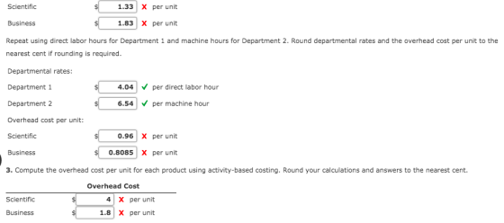 Scientific $ 1.33 X per unit Business 1.83 x per unit Repeat using direct labor hours for Department 1 and machine hours for