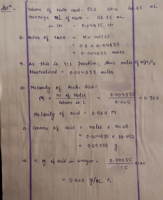 2011 46.45 mL Volume of NaOH used - 51.2 47.4 average mL of Maon - 48.35 mL ein Ltr 0.04835 Ltr 8- moles of Naon = Mx Vol(L)