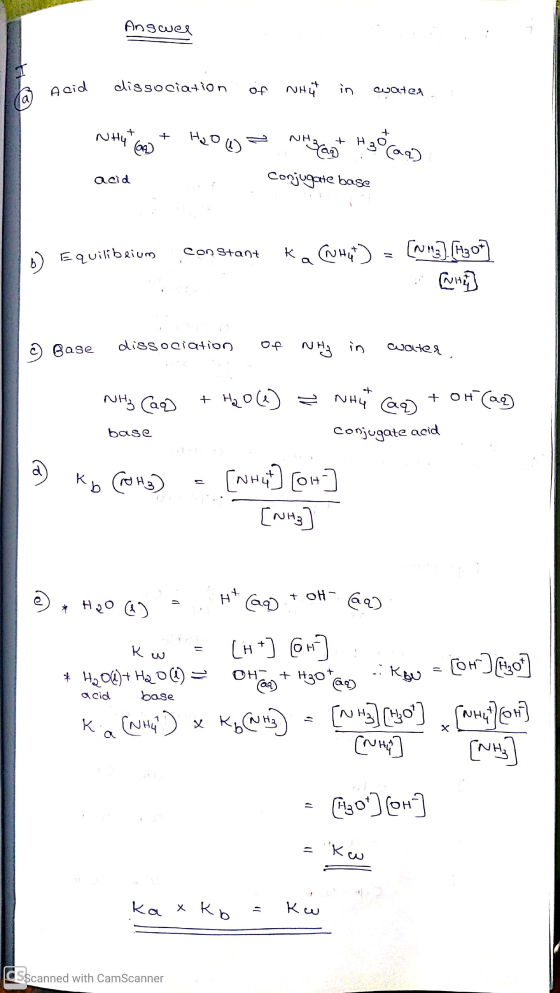 Answel To Acid dissociation of NHW in water, a VH SH acid * Hạ 45° Nam Hg) Conjugate base 6) Equilibrium constant Ka Chat) =