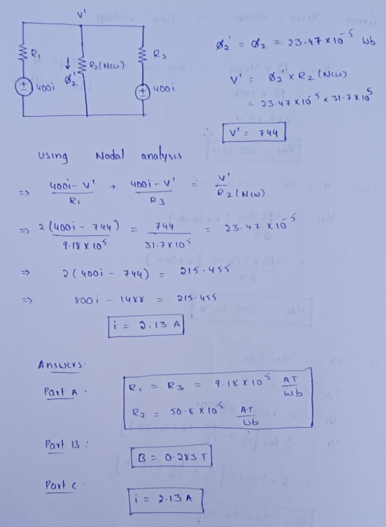 - S Sca 02 2 23.47 x 10 ابيا Ri Rs R2(New) v 400 +4ooi Ø 2 x R2 (NCL) = 23.47X105x31-7X 105 v = 744 using Nodal analyses 40