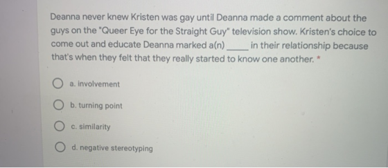 Deanna never knew Kristen was gay until Deanna made a comment about the guys on the Queer Eye for the Straight Guy televisi