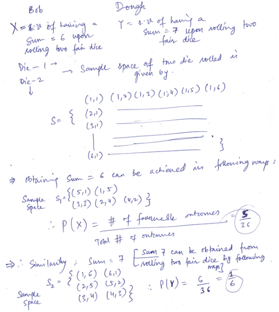 two B Dough X= av of having a Y = or of having a n Sum = 6 upon sum= 7 upon rolling solling two fair dice 1 fais dice Die-1-