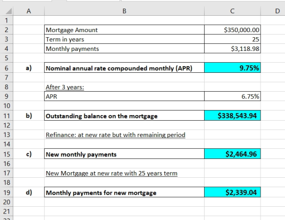 A B с D 1 2. 3 Mortgage Amount Term in years Monthly payments $350,000.00 25 $3,118.98 4 5 LC a) Nominal annual rate compound