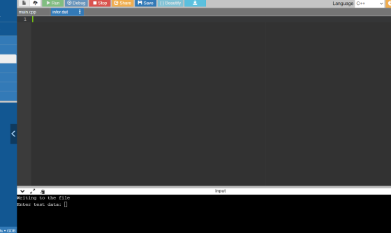 Run Debug Stop Share A Save {} Beautify Language C++ main.cpp infor.dat < input Writing to the file Enter test data: Is • GDB
