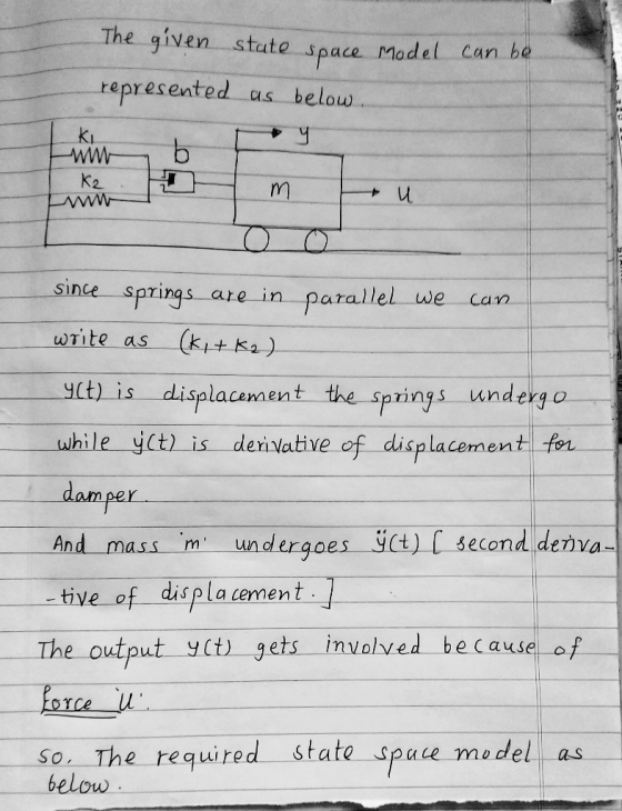 The given state space model can be represented as below ki since springs are in parallel we an write as(ki K (t) is displacem