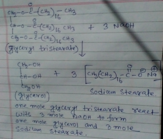 CA O Tceryi tristearate) Sodiem Stearate wit 3 nole RiaOH to forn one mole rcerol ond 3mole Sodi um steax ate