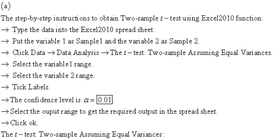 The step-by-step instructions to obtain Two-sample t-test using Excel 2010 function: → Type the data into the Excel2010 sprea