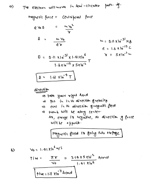 a) The electron will moves in hemi-circwar path it. magnetic porce = force = centripetal centripetal force - Vo B m vo B 2 m