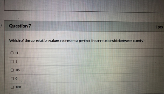 Question 7 1 pts Which of the correlation values represent a perfect linear relationship between x and y? 0-1 O1 0.05 100