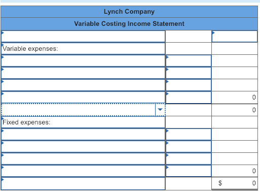 Lynch Company Variable Costing Income Statement Variable expenses Fixed expenses